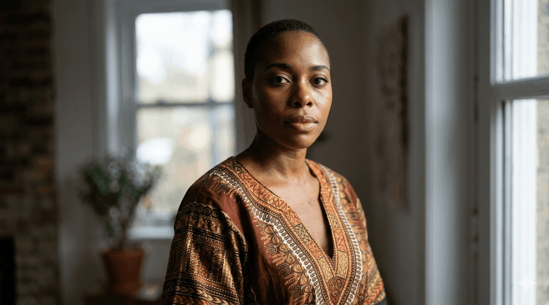 Close-up portrait of a Black African woman looking thoughtfully into the distance.