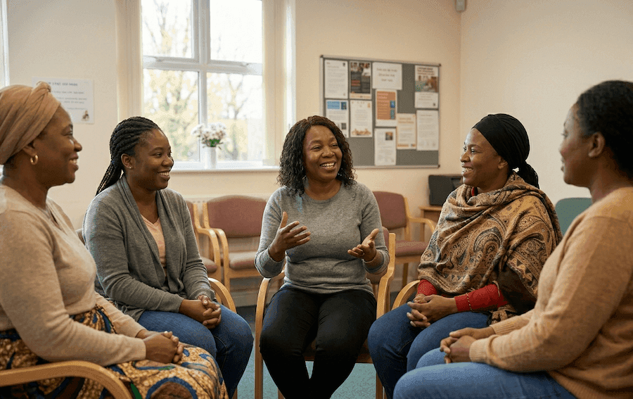 A diverse group of Black African women laughing and talking in a warm community space.